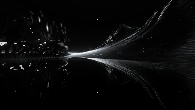 Abstract digital render of flowing light waves over a dark reflective surface, black and white, calm futuristic mood